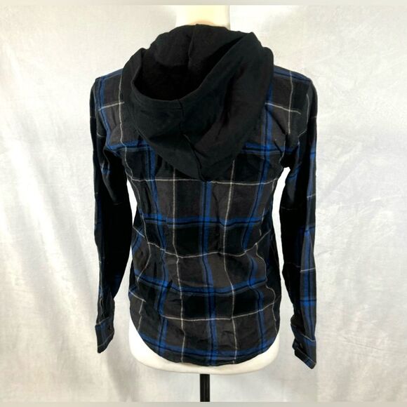 Old Navy black and blue plaid hooded button down flannel top size large - Picture 3 of 5